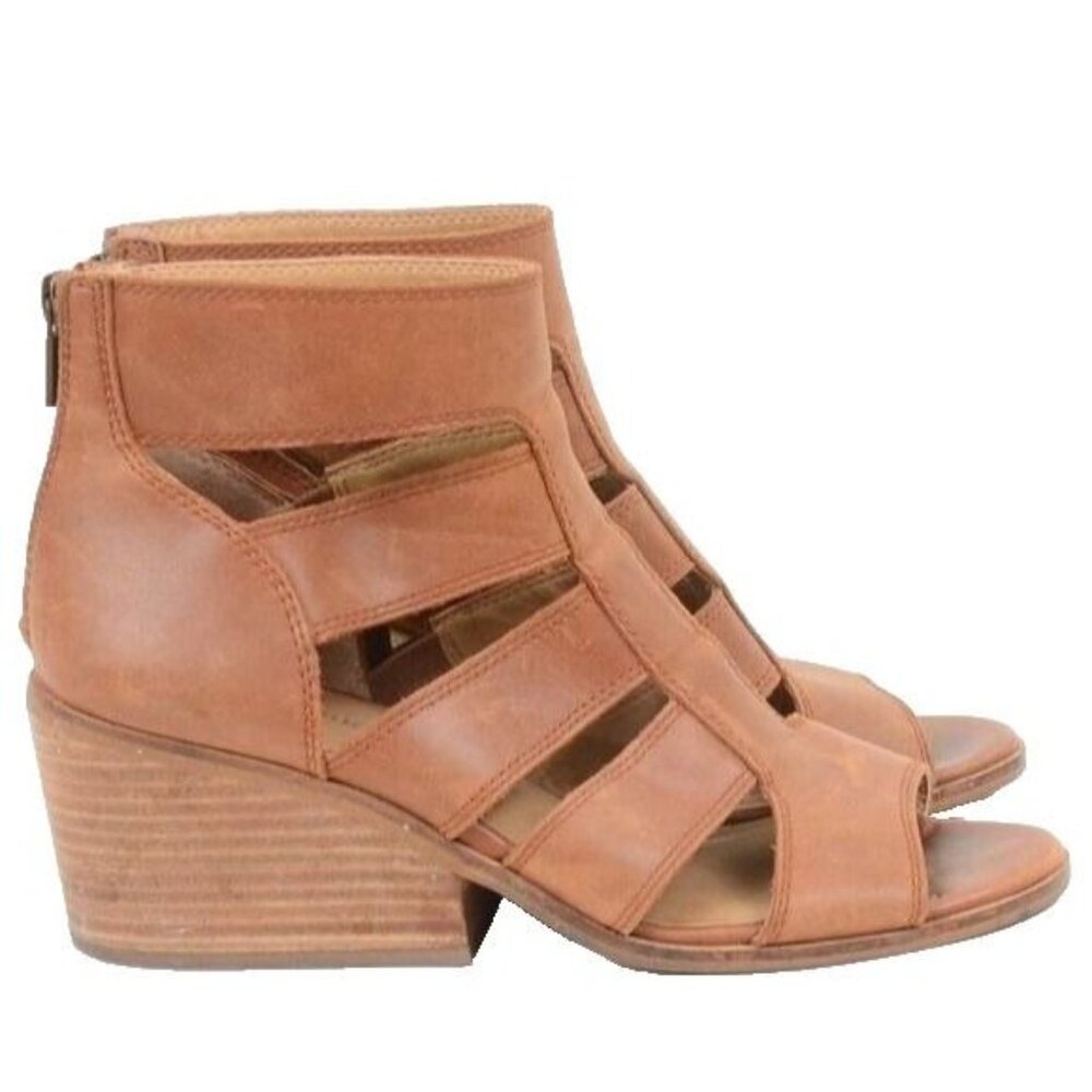Lucky Brand Sortia Leather Caged Cut Out Stacked Heels Sandals Women's Size 8.5
